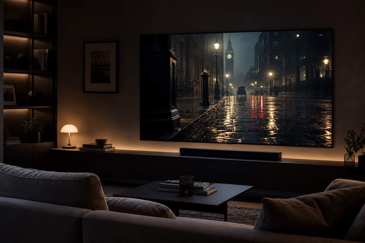 Person watching television in a dimly lit living room